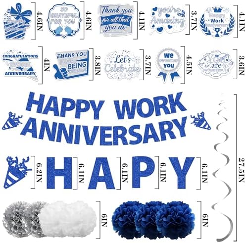 Happy Work Anniversary Decorations Banner, Blue Silver Work Anniversary Set - Image 3