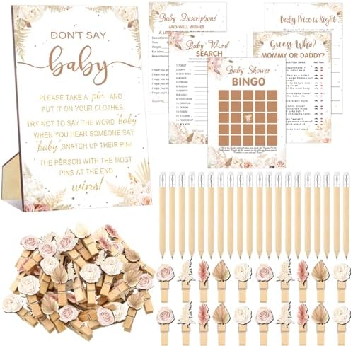 Patelai 321 Pcs Boho Baby Shower Games Supplies, Pampas Grass Floral Decor by Patelai