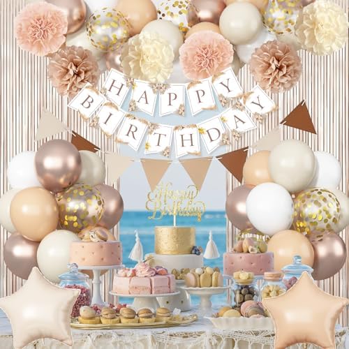 Beige Brown Birthday Decorations for Women, Gold Neutral Cream Sand White Party Balloon Kit with Boho Happy Birthday Banner Fringe Curtain Background Pom Pom Cake Topper for Boy Girl Men Bday Supplies - Image 7