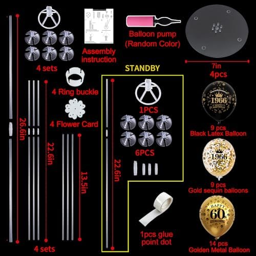 TONIFUL 4 Set 60th Birthday Decor Printed 1966 Black Gold Balloon Stand - Image 2
