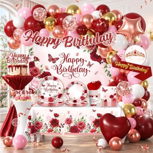 Cocomigo Burgundy Floral Birthday Party Decorations for Women, All-in-One by cocomigoPartyHome
