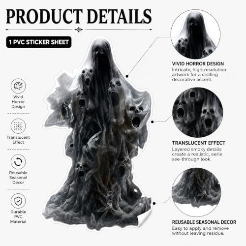 Halloween Ghost Window Clings Decorations Spooky Ghost Window Stickers Scary Glass Window Sticker Decals for Home Office Classroom Party Haunted House Seasonal Window Decor 1 Sheet - Image 3