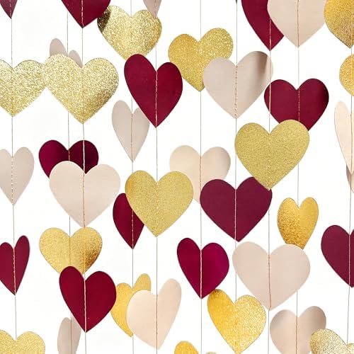 Maroon Gold Party Decorations Burgundy Beige Glitter Gold Paper Love Heart Hanging Banner Garland Streamer for Birthday Wedding Anniversary Engagement Valentines Day Graduation Garnet Party Supplies by pinkblume