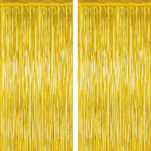 2 Pack Gold Tinsel Backdrop, 3.28 FT x 7.05 FT Metallic Fringe Curtain, Gold Color Graduation Backdrop Party Streamers, Party Supplies Door Decorations for Birthday Anniversaries by ZATAYE