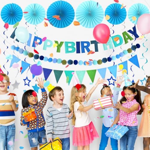 CANREVEL 17 PCS Pre-Strung 3D Blue Happy Birthday Banner, Blue Streamers - Image 3