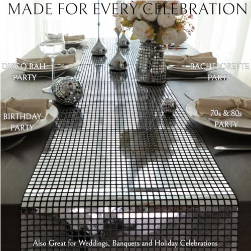 13x72 Inches Black Silver Disco Party Table Runner Glitter Mirror Decor - Image 5