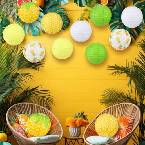 Panelee 12 Pcs Pineapple Party Decorations Hawaiian Party Hanging Supplies 8 Inches Round Paper Lanterns for Tropical Luau Birthday Holiday Bachelorette Decor Supplies - Image 6