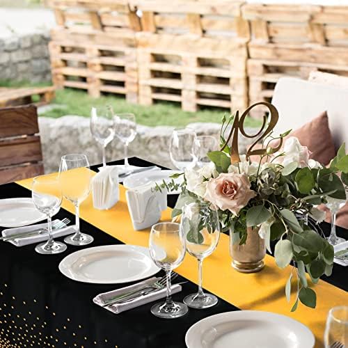 24Pack Disposable Plastic Tablecloths and Satin Table Runner Set Black Gold Dot Table Cloth Gold Satin Table Runner for Graduation Wedding Birthday Baby Shower Anniversary Holiday Party Decorations - Image 5