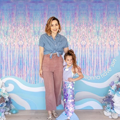 GOER 3.2 ft x 6.5 ft Metallic Tinsel Foil Fringe Curtains Party Photo Backdrop Party Streamers for Mermaid Birthday Party Decorations(1 Pack,Iridescent) - Image 2