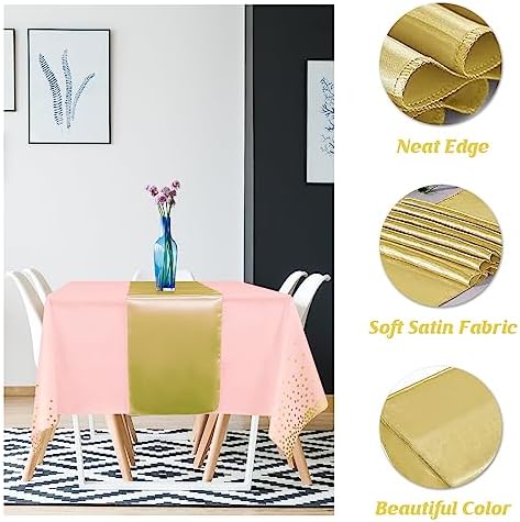 8Pack Disposable Plastic Tablecloths and Satin Table Runner Set Pink and Gold Dot Tablecloth Gold Satin Table Runner for Wedding Birthday Baby Shower Anniversary Christmas New Year Party Supplies - Image 3