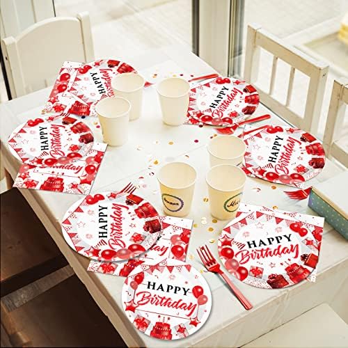 96pcs Red White and Gold Birthday Plates Napkins Forks Party Tableware Set Confetti Sprinkles Happy Birthday Party Decorations Red Table Decors for Men Women for 24 Guests - Image 5