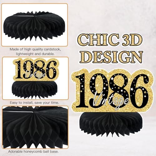 9 Pcs 40th Birthday Decorations Honeycomb Centerpieces for Women Men, Black Gold 1986 Aged to Perfection Vintage Centerpieces for Tables Toppers,Forty Years Party Decorations Supplies - Image 3