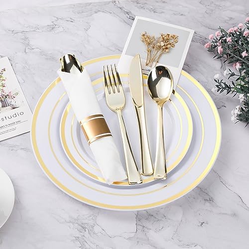 BESTVIP 175 Piece Gold Plastic Dinnerware Set for 25 Guests - Image 2