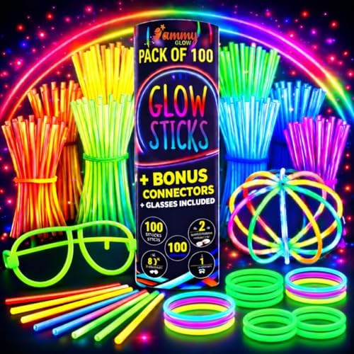 Ammy Glow Glow Sticks (205 Pcs Kit) Bulk Party Pack-100 Pack Glow Sticks with Connectors & Glasses- Party Favors for Kids 8-12- Neon Glow in The Dark Party Supplies for Birthdays & Events by AMMYGLOW