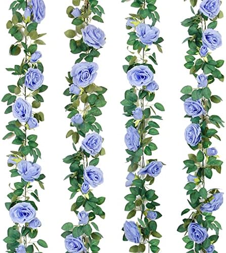 TELDRASSIL 4Pcs(26 FT) Artificial Rose Vine Fake Flower Garland Fake Silk Rose Hanging Vine for Wedding Party Background Arch Garden Background Decoration (Blue) by Teldrassil