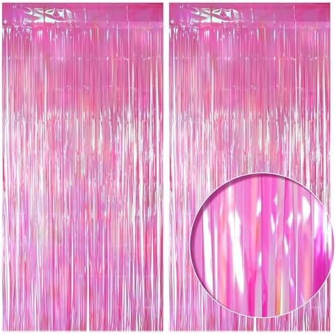 2 Pack Hot Pink Iridescent Streamers Backdrop, 3.3x6.6ft Foil Fringe Curtains Holographic Door Tinsel Streamers Photo Booth Prop for Birthday, Wedding, Holiday, Bachelorette, Theme Party Decorations by JustShimmer