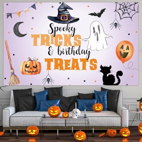 Spooky Halloween Backdrop Tricks and Birthday Treats Watercolor Ghost Pumpkin Witch Hat Background Kids Halloween Theme Birthday Party Decorations Cake Table Banner Photo Booth Props 10x6.5ft - Image 4