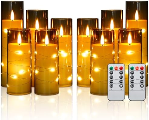 Enido Flameless LED Candles with Remote & Timer, Battery Operated Acrylic Pillar Set, 10 Pc Flickering Electric Lights with Embedded Star String for Cozy Home & Holiday Romantic Decor (Grey) by outdoorcandleswithremote