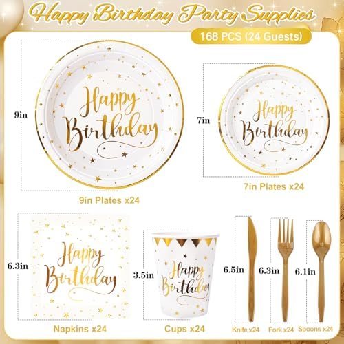 White and Gold Happy Birthday Party Plates, 168PCS Birthday Party Supplies - Image 2