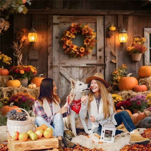 12x10ft Fall Backdrops for Photography Glitter Rustic Wooden Barn Door Fall Photo Backdrop Hay Bales Flowers Pumpkins Autumn Harvest Background Warm Thanksgiving Decorations for Outside - Image 5