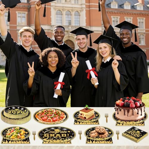 100 Pcs Graduation Plates and Napkins, 2026 Black Gold Graduation Disposable Plates and Napkins Party Supplies Set Serves 25, Black Gold Disposable Dinnerware Set for 2026 Decorations Grad Party - Image 7