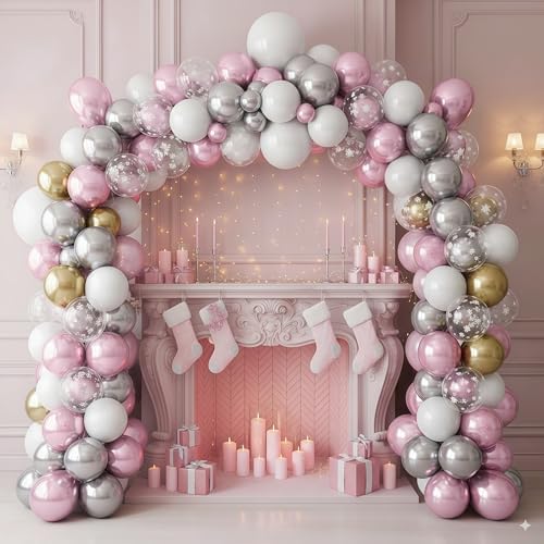 Pink White Winter Wonderland Snowflake Balloons Set, Metallic Light Pink Gold Silver White Snowflake Confetti Balloons for Girl Christmas Birthday Winter Onederland Baby Shower Xmas Party Decorations - Image 4