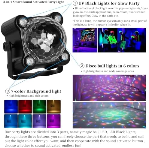 Laucnpty Disco Ball Party Lights Sound Activated Strobe DJ Stage Lighting for Indoor Room Outdoor Dance Floor Parties Birthday Rave Home Karaoke Halloween Christmas Wedding Show Bar Club Decorations - Image 3