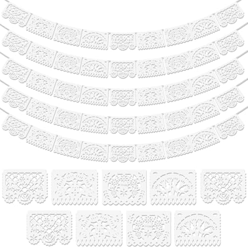 Asoulin 5 PCS White Papel Picado Banners, 90FT Mexican Party Decorations by Asoulin