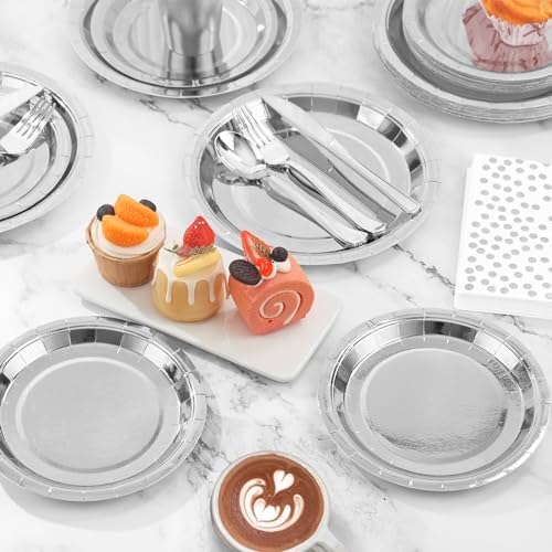 Silver Paper Plates and Napkins Party Supplies,350pcs Silver Plates Disposable Dinnerware Set for Anniversary Graduation Holiday Disco Birthday Party Decorations Serves 50 - Image 6