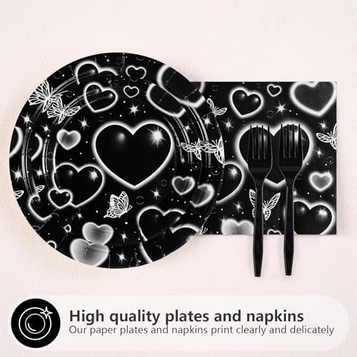 Grencian 96Pcs 2000s Black Heart Y2k Party Themed Decorations, Serve 24 - Image 2