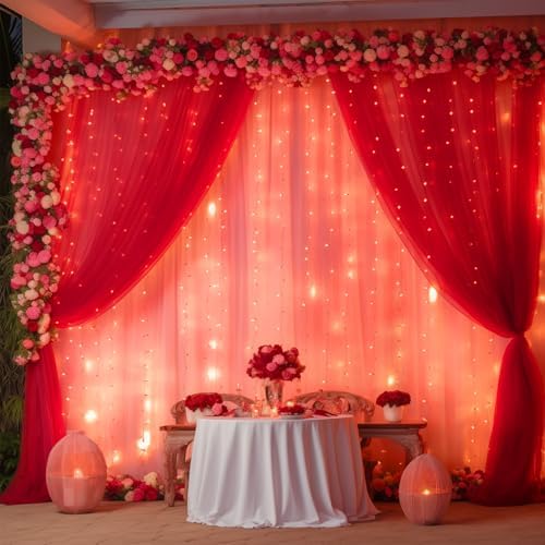 30ft x 10ft Red Backdrop Curtain with Lights String for Parties, Sheer Tulle Wedding Photo Backdrops Drapes for Baby Shower Birthday Party Decorations Background for Photography - Image 6