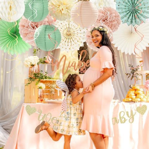 Sage-Green Blush-Beige Baby Shower Party-Decorations - 21pcs Girls Welcome Baby Banner,Light Dusty Pink Paper Lanterns Pom Poms,Safari Woodland Boho Neutral Streamers Garland Decor Favors Huglony - Image 7