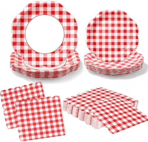 150Pcs Red Gingham Paper Plates and Napkins Party Supplies for 50 Guests by OuMuaMua