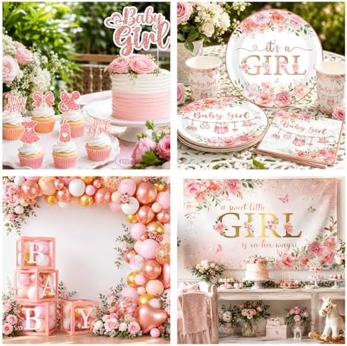 Baby Shower Girl Decorations,258pcs Pink Gold Baby Shower Decorations Girl Plates And Napkins Cups Banner Backdrop Tablecloth Cake Topper Balloon For A Sweet Little Girls Is On The Way Supplies - Image 5