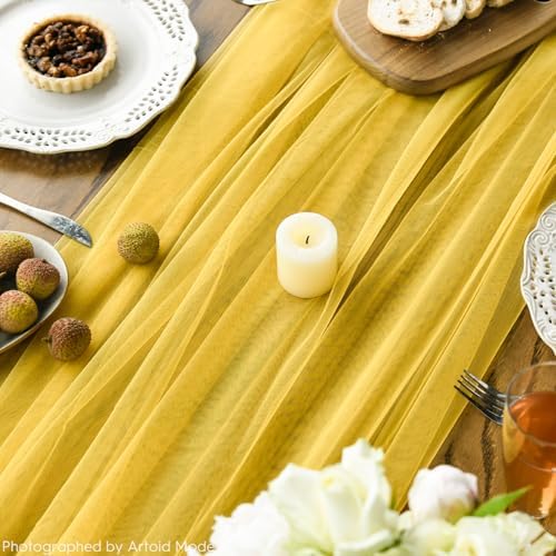 Artoid Mode 3PCS Yellow Gauze Table Runner 120 Inch 10FT, Seasonal Sheer Kitchen Dining Holiday Wedding Birthday Baby Shower Table Decor for Home Party - Image 6