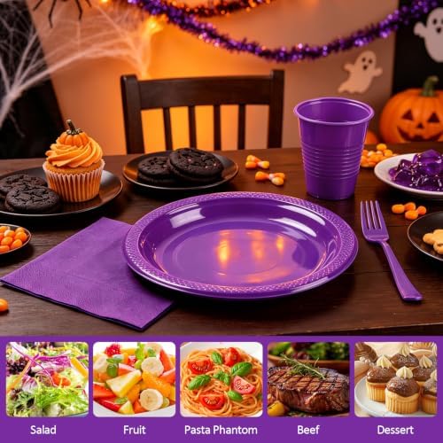 200pcs Purple Plastic Plates Party Supplies, Disposable Purple Party Plates, 50 of Each 9" Dinner Plate, Napkins, Cups & Cutlery Dinnerware Party Decorations for Birthday, Wedding, Halloween - Image 3