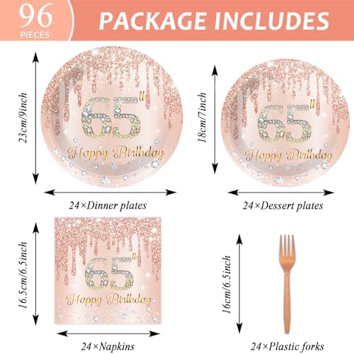CHUNNIN 96Pcs 65th Birthday Decorations Pink Rose Gold Paper Plates Napkins Forks Set 65 Year Old Tableware Party Supplies Disposable Rose Gold Dinnerware Table Decor Favors for Women Serves 24 - Image 2
