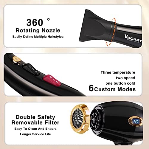 VAGARY Hair Dryer with Diffuser Concentrator, 2200W Professional Salon Ionic Blow Dryer for Frizz Free Smooth Hair, Featuring 2 Speeds and 2 Heat Settings, Cool Shot Button（Gold） - Image 4