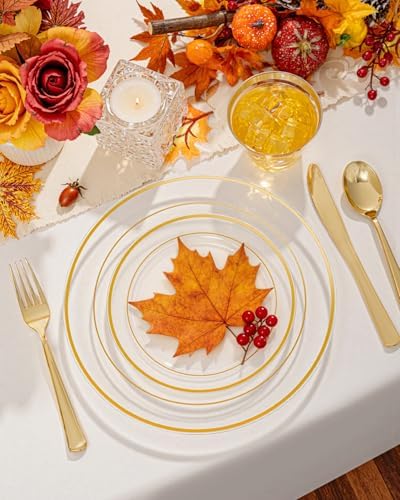 bUCLA 300Pcs Clear Gold Plastic Disposable Dinnerware Set - Clear Plates with Gold Trim Include 50 Dinner / 50 Dessert Plates,50 Cups,150 Plastic Silverware Set for Party - Image 3