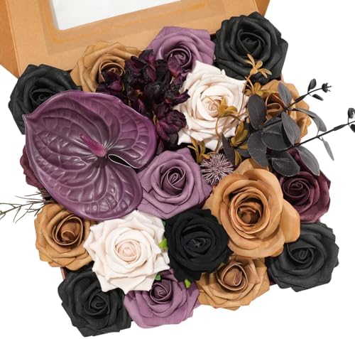 Floweroyal Halloween Artificial Flowers Black Flowers Mix Silk Flowers Fake Roses with Stems for DIY Wedding Bridal Bouquets, Baby Shower, Floral Arrangement, Table Centerpieces, Home Decorations by FloweroyalCrafts