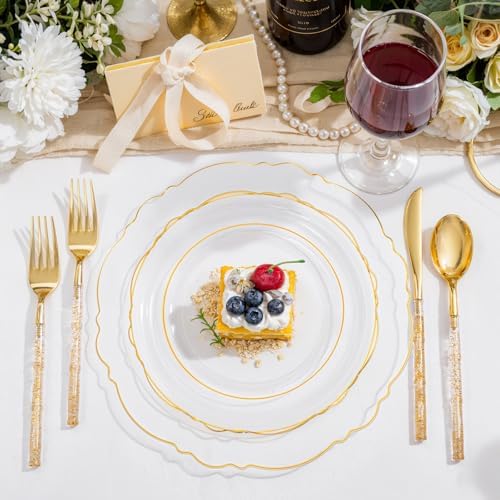 Liacere 150PCS Clear Gold Plastic Plates - Disposable Plastic Silverware with Glitter Bamboo Handle Cutlery-Baroque Clear Gold Disposable Plates for Wedding & Party & Thanksgiving & Fall Party - Image 3