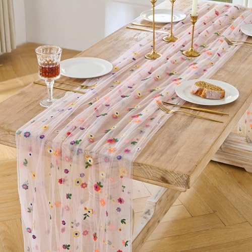 BINBE 12pcs Daisy Spring Table Runner Embroidery Gauze 10FT Florals Seasonal Tulle Holiday Birthday Kitchen Dining Table Decor for Home Party Pink - Image 2