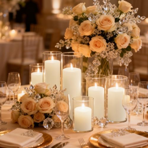 24-Pack White Pillar Candles (2''X3,4,6) & 24-Pack Glass Cylinder Vases(2.6''X5,6,8),Hurricane Candles,Wedding Centerpiece Decor Set-Mixed Heights for Table, Proposal, Event. - Image 6
