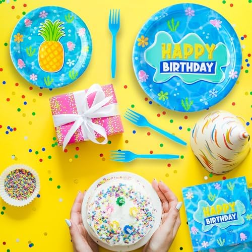 GaofanWai Ocean Pineapple Birthday Tableware - 96PCS Pineapple Party Paper Plate Set for Kid Summer Hawaii Ocean Plates Disposable Dinnerware Paper Napkins Forks for Baby Shower Party Supplies,24guest - Image 3
