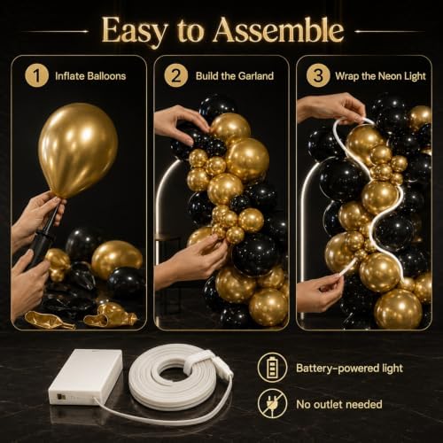 144 Pcs Large Black and Gold Balloons with 9.8ft Light Strip - Image 7