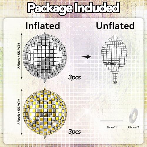 6pcs 22 Inch Gold and Silver Disco Ball Balloons, Silver Big Disco Balloons, Gold 4d Large Foil Aluminum Balloon For Birthday Baby Shower 70s 80s 90s Theme Party Wedding Engagement Graduation Decor - Image 2
