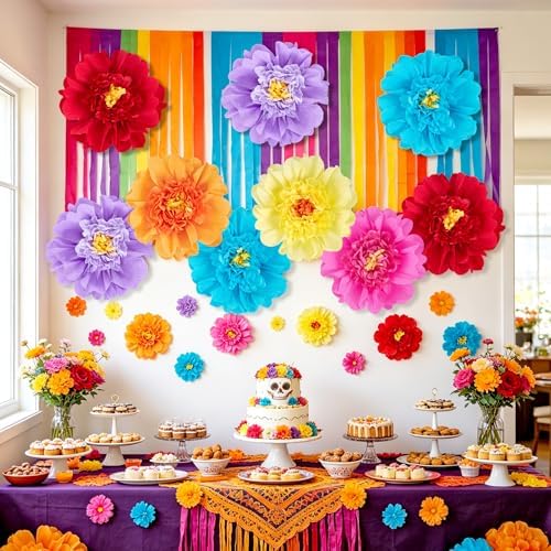SUNBEAUTY Large Paper Flowers Giant Fiesta Tissue Paper Flowers Decorations for Wall 12 Inch Colorful Mexican Flowers for Summer Birthday Wedding Backdrop Bridal Shower Tropical Luau Carnival Party - Image 6