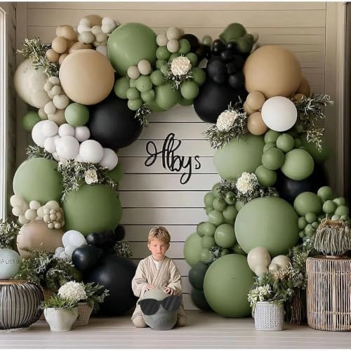 Black Sage Green Nude Balloon Garland Double Stuffed Olive Green Sand White Balloon Avocado Apricot Black Latex Arch Kit for Jungle Safari Wild One Birthday Baby Shower Halloween Decorations - Image 6