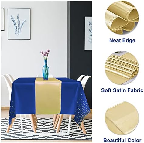 12Pack Disposable Plastic Tablecloths and Satin Table Runner Set Blue and Gold Dot Tablecloth Gold Satin Table Runner for Wedding Birthday Baby Shower Anniversary Christmas New Year Party Decorations - Image 3