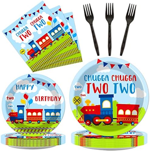 100 PCS Chugga Chugga Two Two Party Supplies Set Train Plates and Napkins 2nd Birthday Party Tableware Packs Decorations Transportation Disposable Paper Plates Napkins Forks For Kids Serve 25 by Qyeahkj